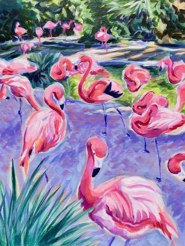 Pink Flamingos Tropical Scene by Pauline Wegman | Key and Sea Creative — canvas wall art