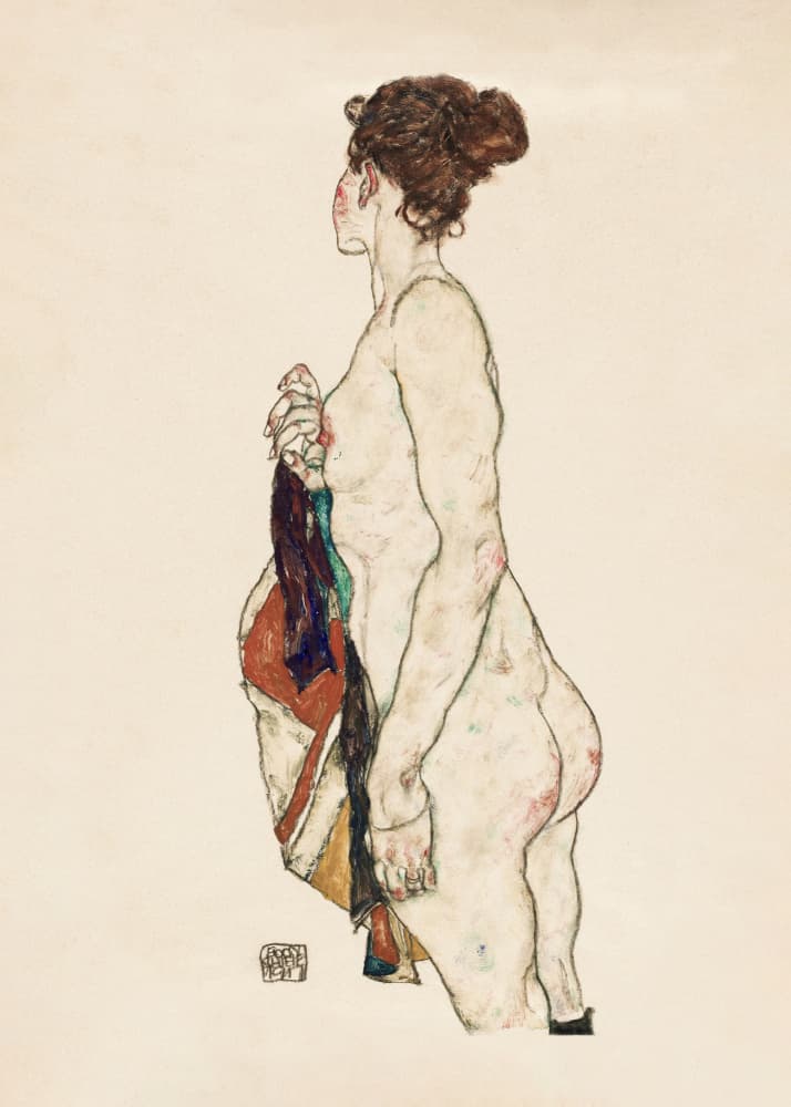Standing Nude Woman With a Patterned Robe 1917 by EGON SCHIELE — canvas wall art