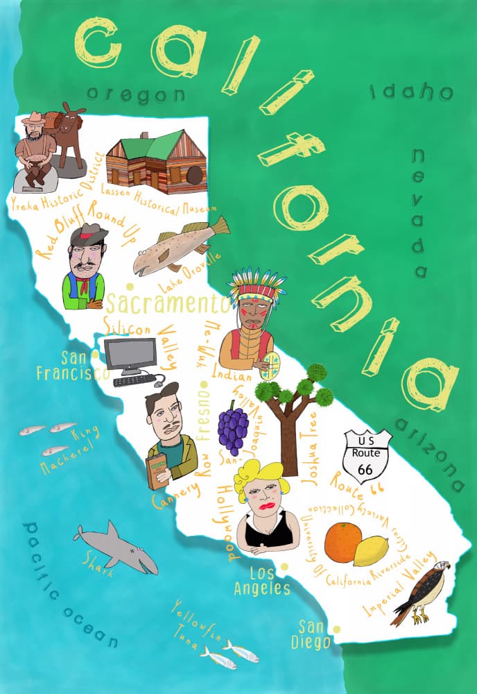 Illustrated Map of California with Ocean by Carla Daly by Carla Daly — canvas wall art