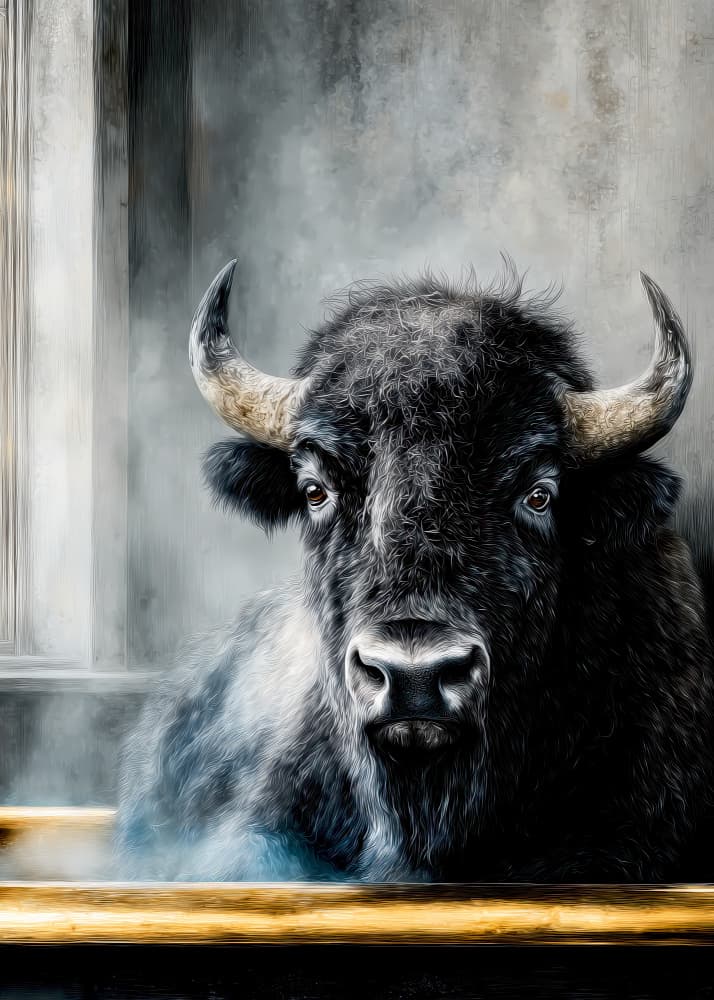 Steamy Bison Portrait by Justyna Jaszke — canvas wall art
