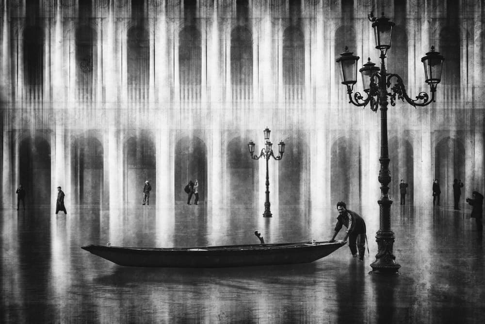 Man Boat Flooded Arches by Roswitha Schleicher-Schwarz — canvas wall art