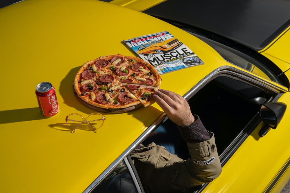 Yellow Muscle Car Pizza by Ardalan Hamedani — canvas wall art