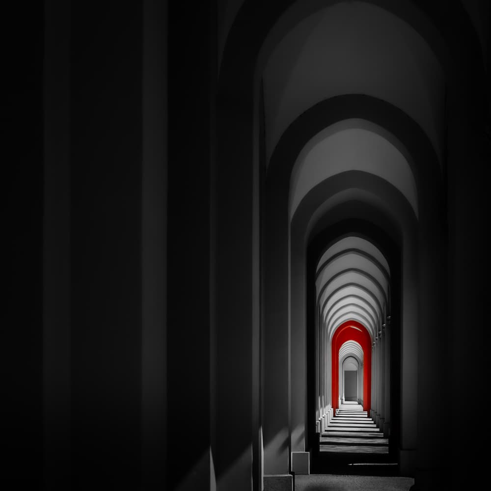 Red Arch Hallway by Andy Dauer — canvas wall art