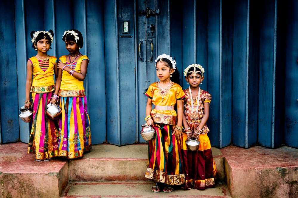 Colorful Indian Festival Girls by Gina Buliga — canvas wall art