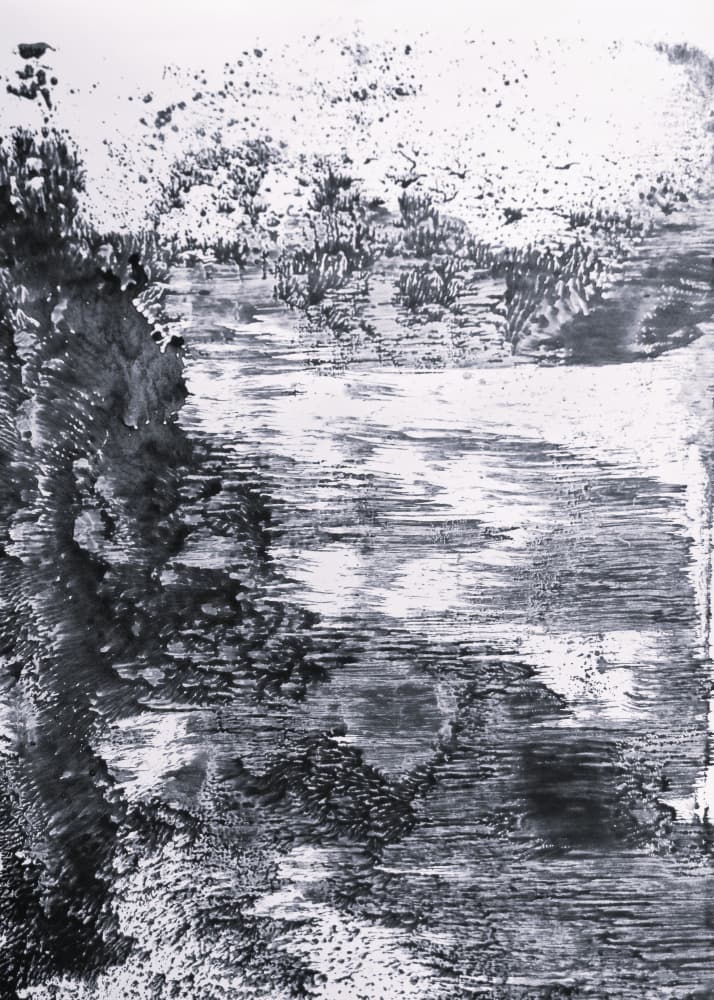 Monochrome River Reflection by Maira Ribena — canvas wall art
