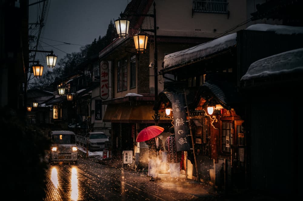Red Umbrella Snowy Night by Yuzo Fujii — canvas wall art