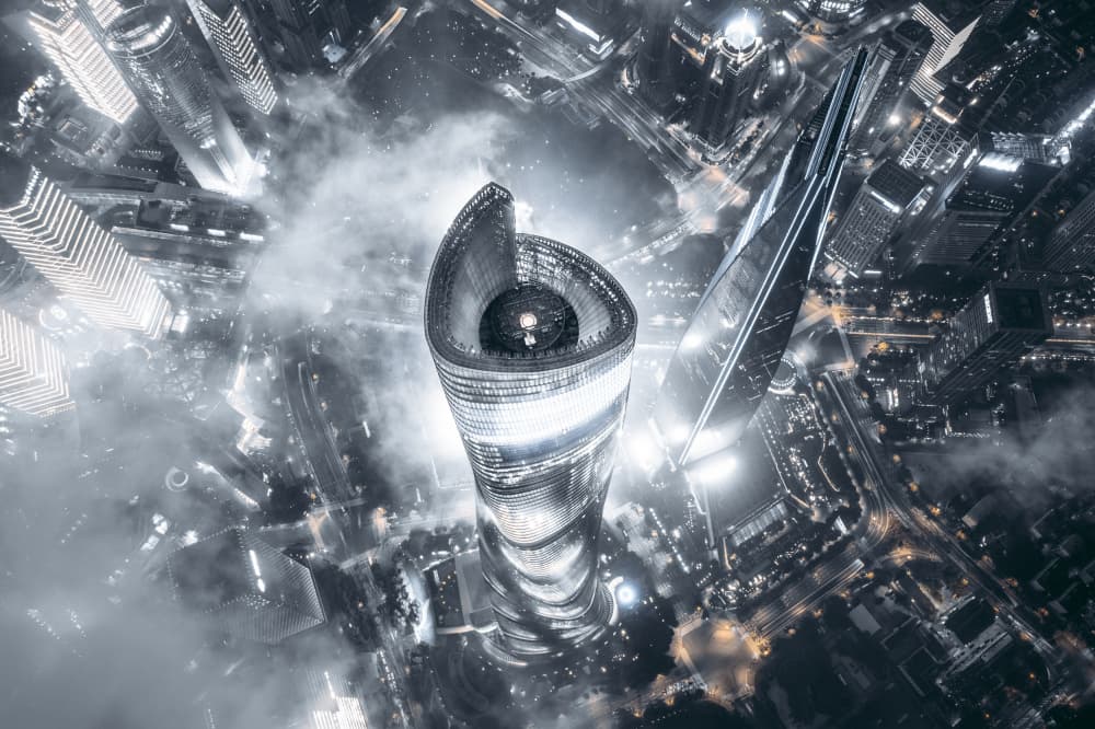 Misty City Skyscraper by Aron Tien — canvas wall art