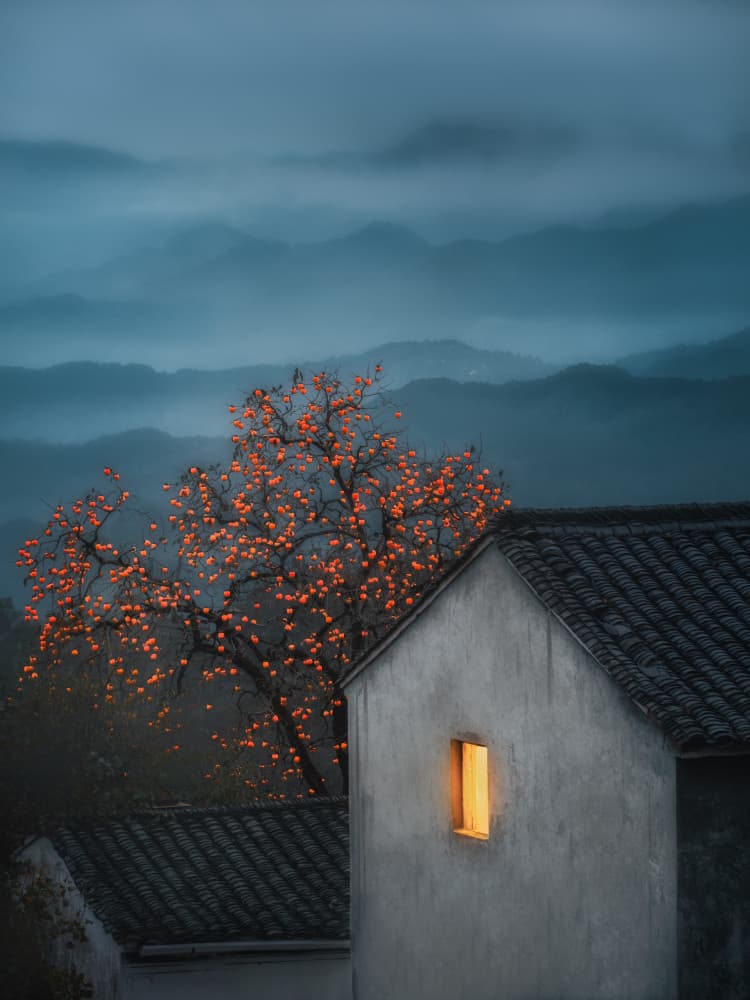 Misty Mountain Persimmon Glow by Yuan Cui — canvas wall art