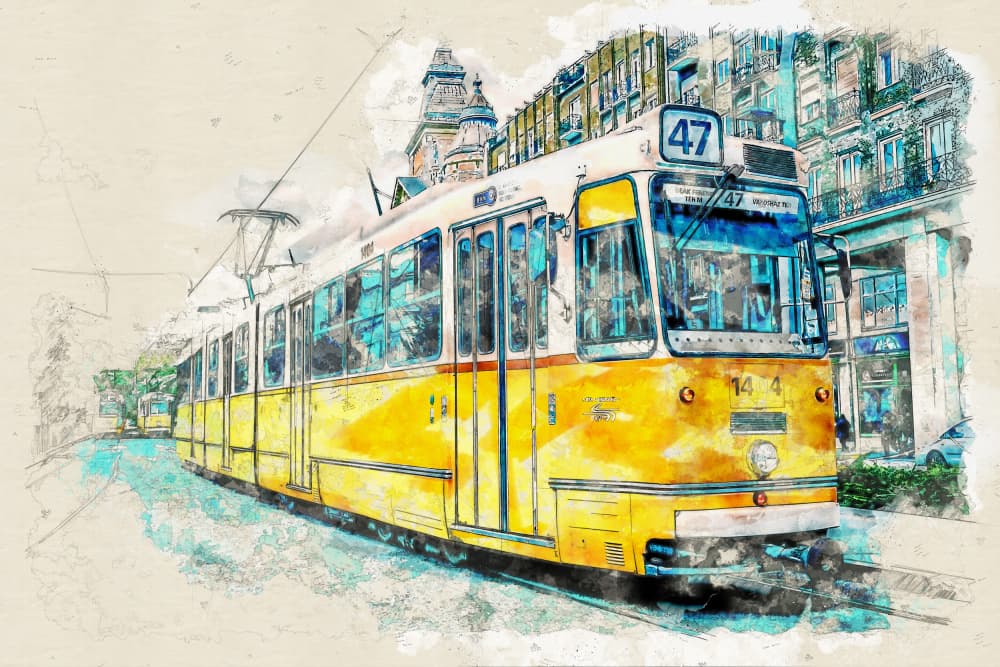Urban Tram Watercolor by Lembayung senja studio [Vintage Poster] — canvas wall art