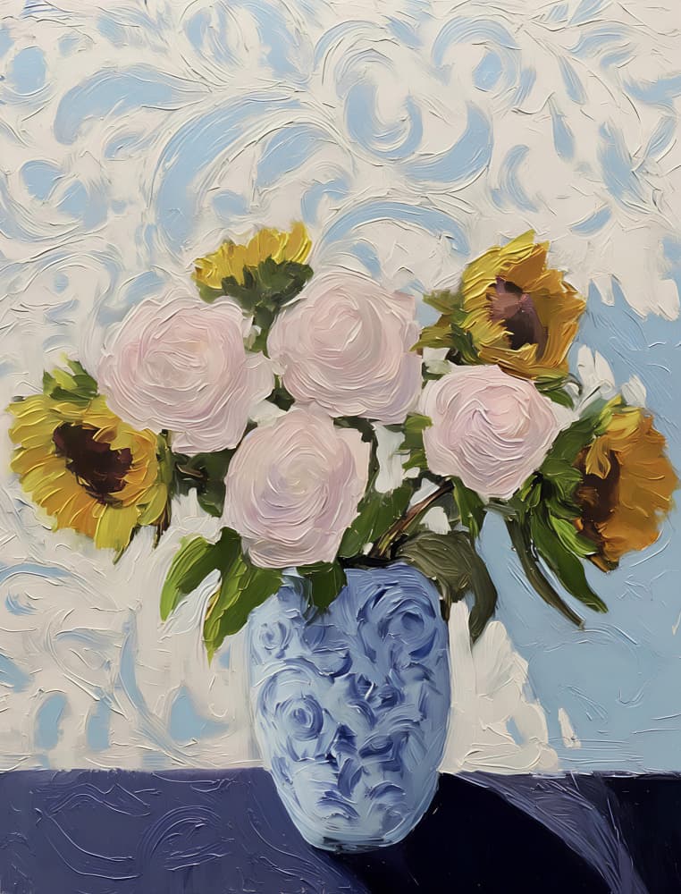 Roses Sunflowers Blue Vase by Avanesova Elena — canvas wall art