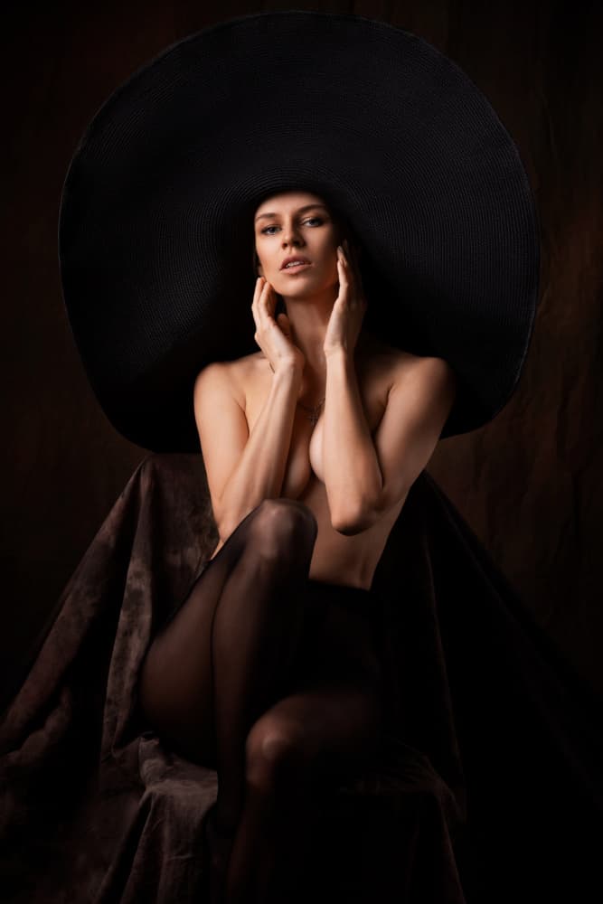 Elegant Black Hat Portrait by Leonid Markachev — canvas wall art