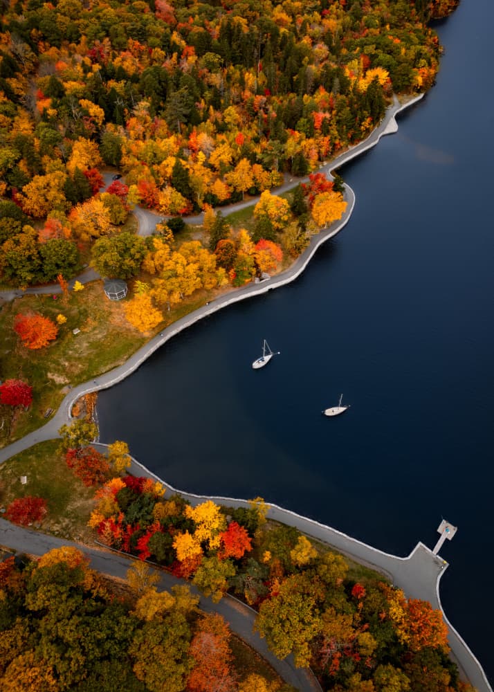Autumn Lake Sailboats by Ambar Saha — canvas wall art