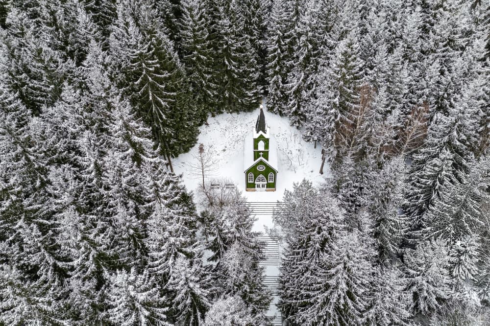 Green Church Winter Woods by Ilona Rosenkrancová — canvas wall art