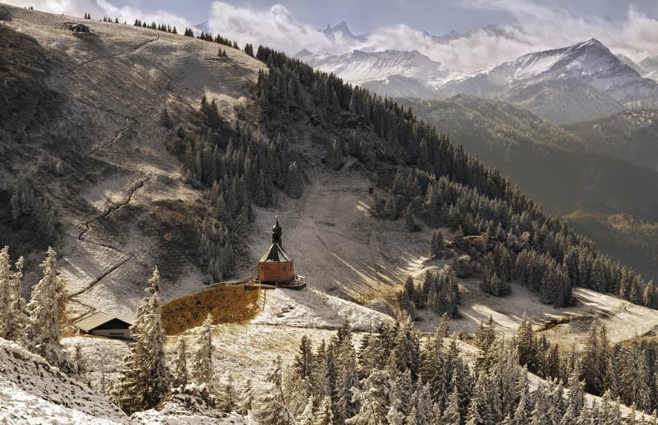 Winter Mountain Chapel by Christoph Hessel — canvas wall art