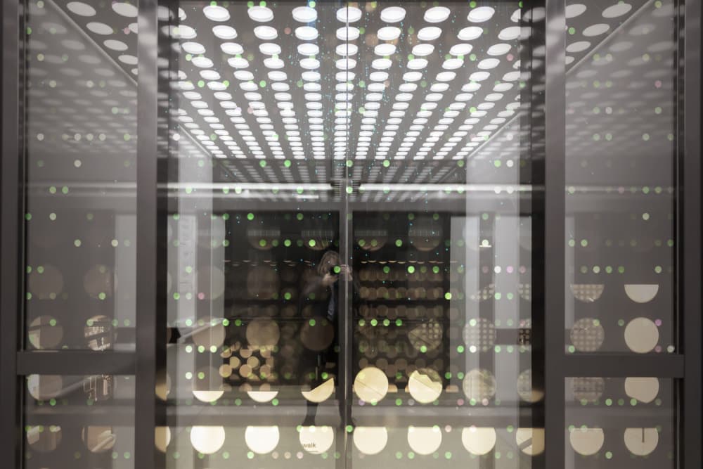 Futuristic Green Light Grid by Roswitha Schleicher-Schwarz — canvas wall art