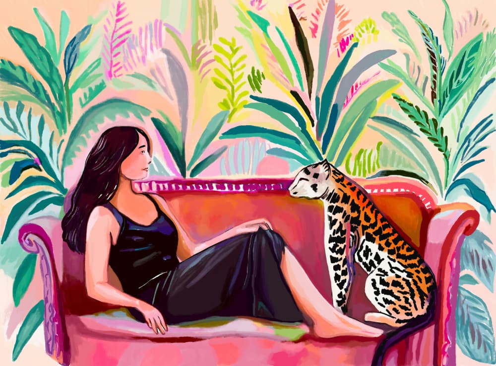 Leopard On Pink Sofa by Beate Tubach — canvas wall art