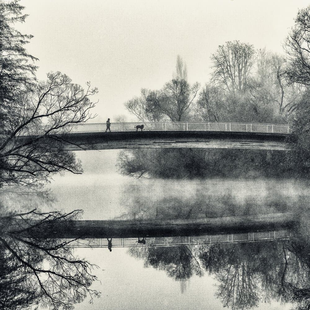 Misty Bridge Reflections by Robert Kuavi — canvas wall art