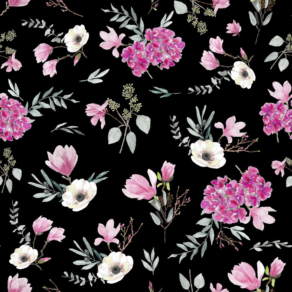 Floral Bouquets Pattern Black and Pink by Anis Illustration — canvas wall art