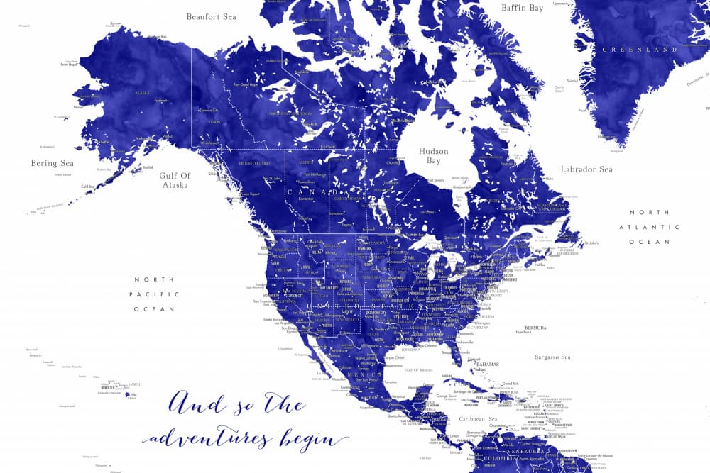 Blue Watercolor North America by Rosana Laiz Blursbyai — canvas wall art