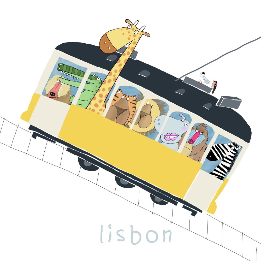 Safari Animals Lisbon Tram by Carla Daly — canvas wall art