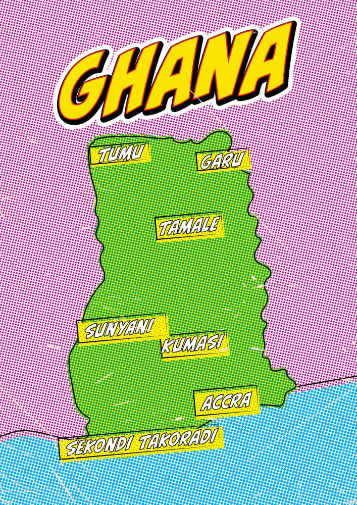 Comic Style Ghana Map by Nicholas — canvas wall art