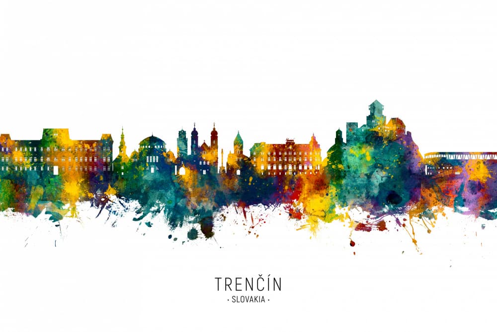 Trenčín Watercolor Skyline by Michael Tompsett — canvas wall art