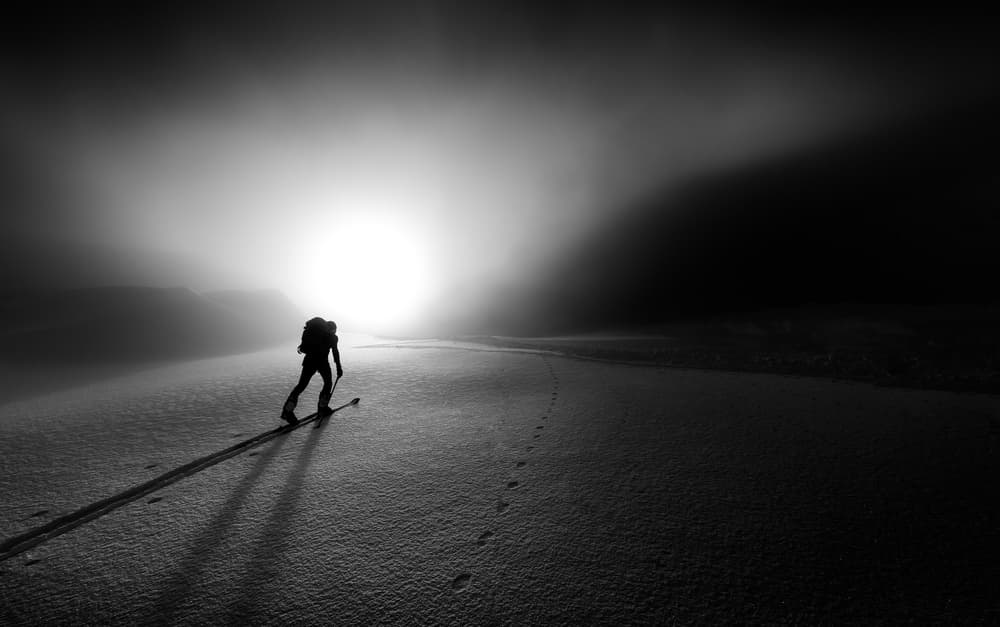 Winter Skier Sun Path by Sandi Bertoncelj — canvas wall art