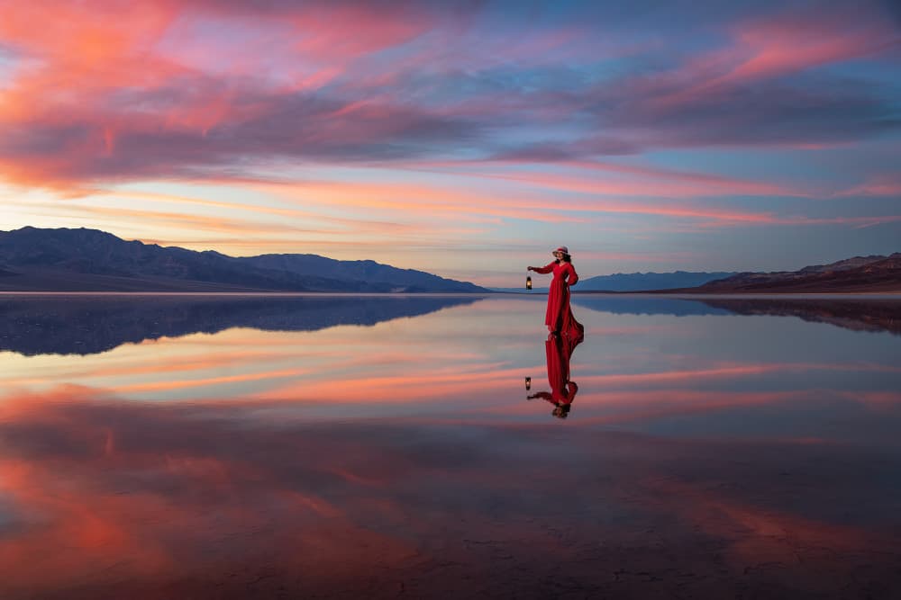 Woman In Red Sunset Reflection by Mei Xu — canvas wall art