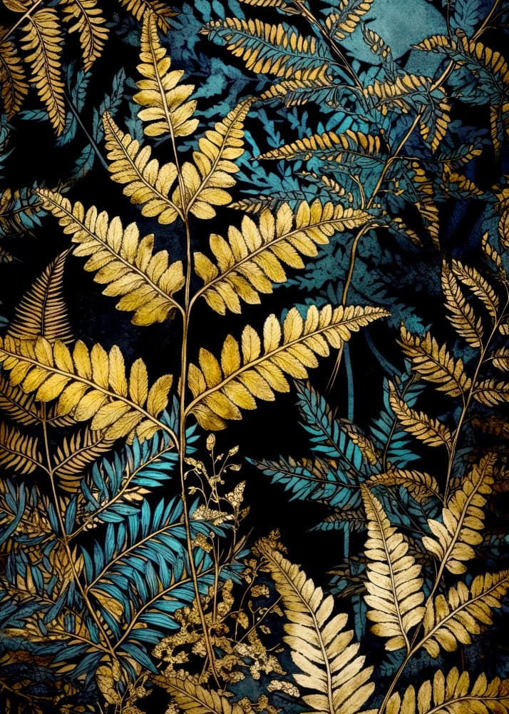 Golden Teal Ferns by Justyna Jaszke — canvas wall art
