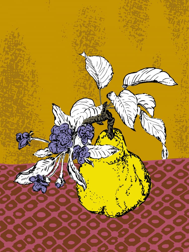 Quince And Purple Blooms by Annick — canvas wall art