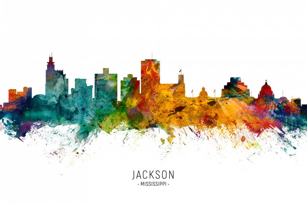 Jackson Mississippi Skyline Watercolor by Michael Tompsett — canvas wall art