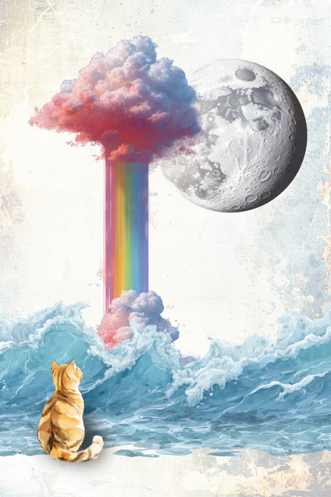 Moon Rainbow Cat Dream by Rafal Kulik — canvas wall art