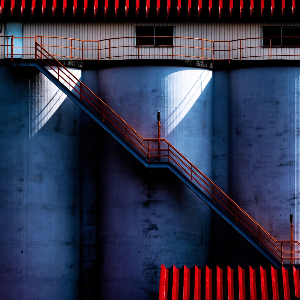 Red Stairs Blue Silos by Tetsuya Hashimoto — canvas wall art