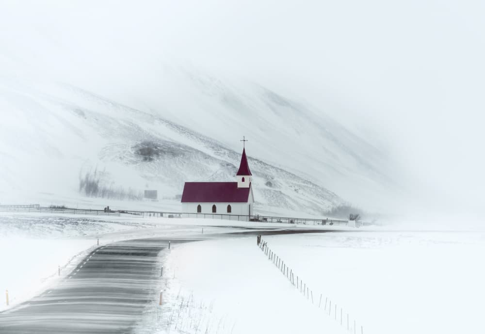 Red Roof Winter Church by Wei (David) Dai — canvas wall art