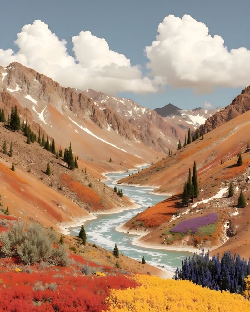 Vibrant Mountain River Valley by Uma Gokhale — canvas wall art