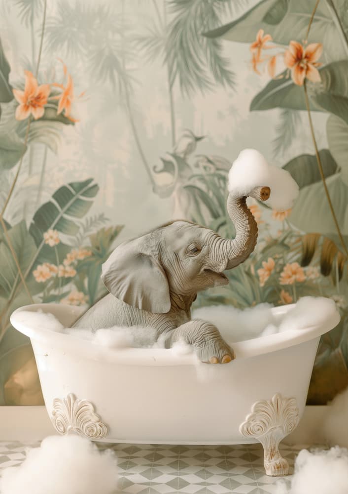 Baby Elephant Bubble Bath by Niky Rahner — canvas wall art