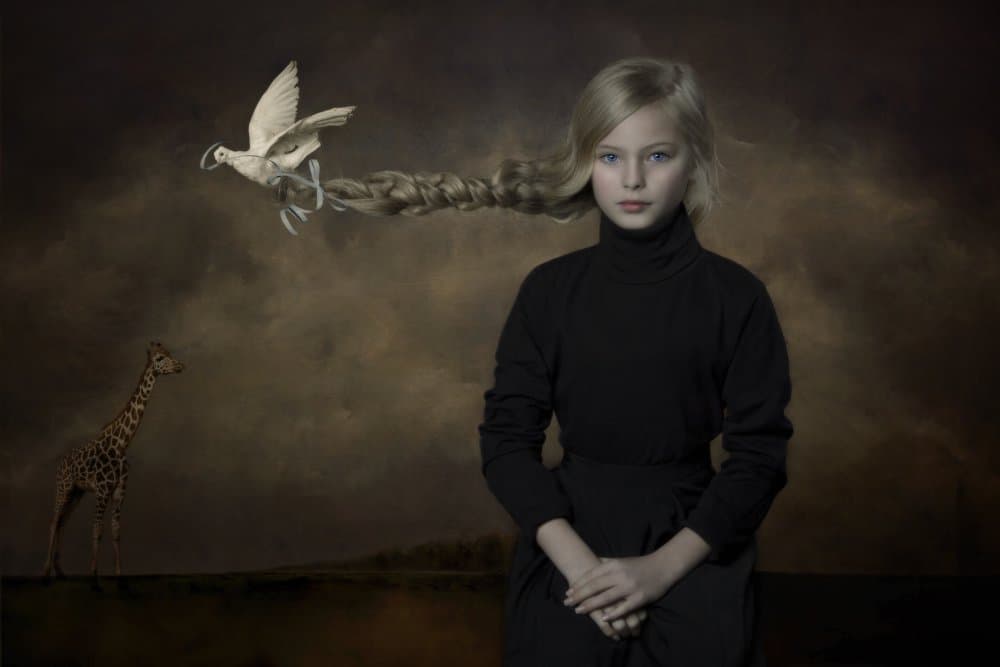 Surreal Girl With Dove by Carola Kayen-Mouthaan — canvas wall art