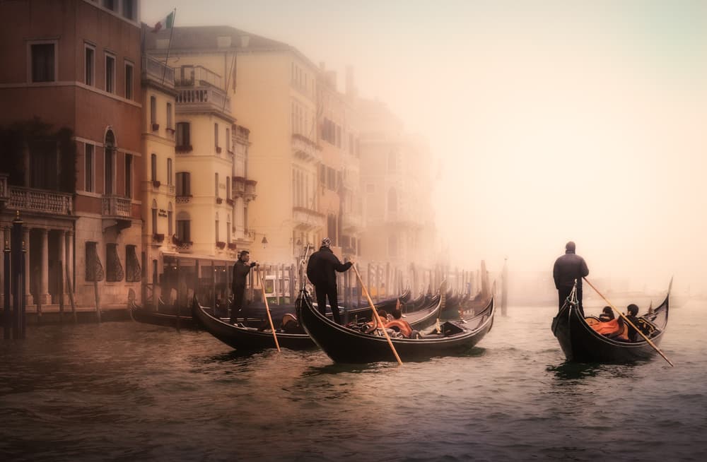 Misty Venice Gondolas by Ute Scherhag — canvas wall art