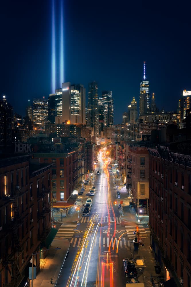 Manhattan City Night Beams by Javier de la Torre — canvas wall art