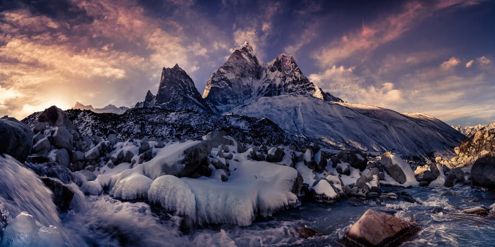 Glacial River Mountain Sunset by qiye — canvas wall art