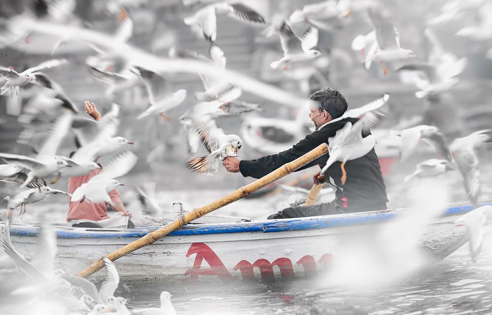 Man Feeding Flying Birds by Juan Luis Duran — canvas wall art