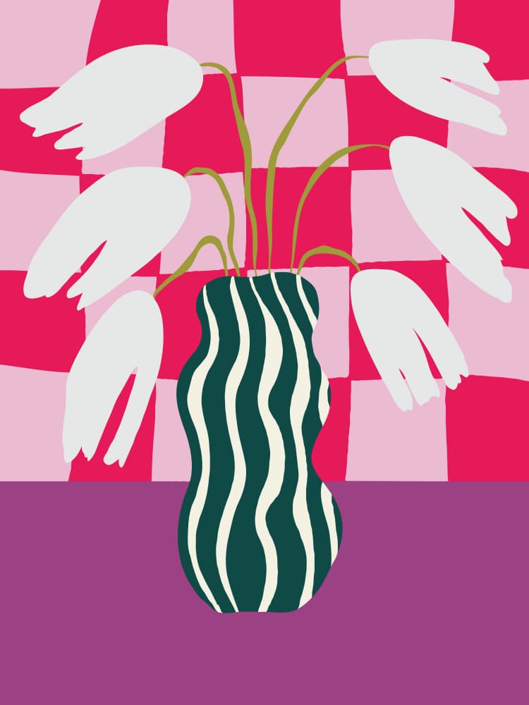 Pink Checkerboard Flowers by Miho Art Studio — canvas wall art