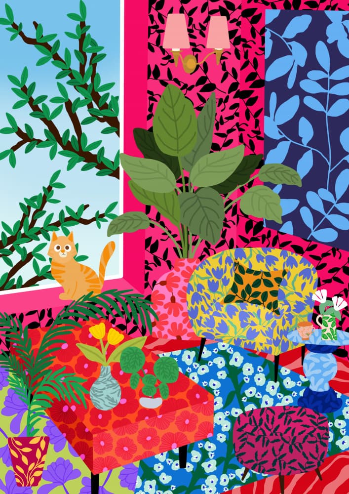 Cat in Flower Power Livingroom by Rafaela Mascaro — canvas wall art
