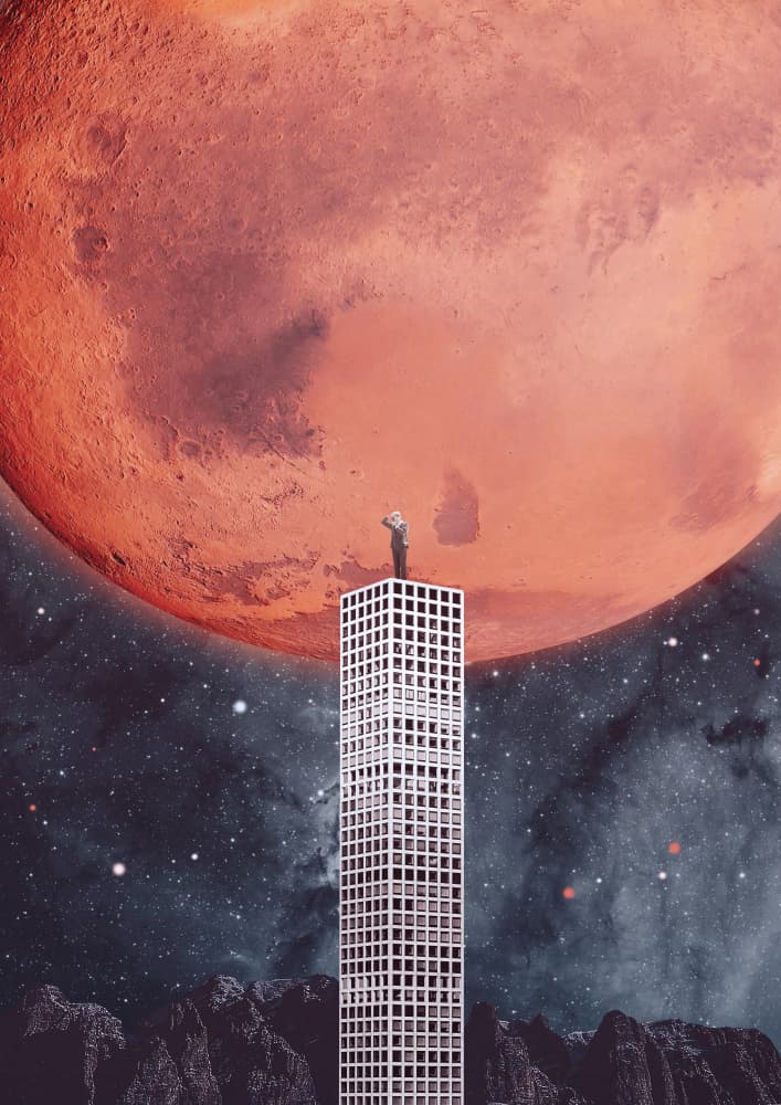 Skyscraper Man Views Mars by Daniel Donocik — canvas wall art