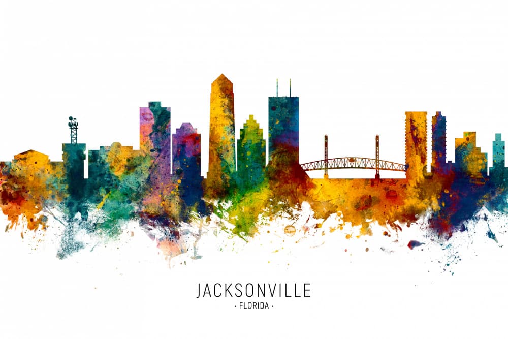 Vibrant Jacksonville Skyline by Michael Tompsett — canvas wall art