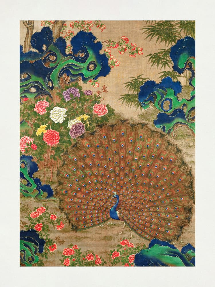 Chinese Peacock and Flowers (17th Century) by Vintage Japanese — canvas wall art