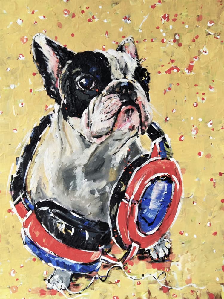 Frenchie with Headphones by Anda Bieza — canvas wall art