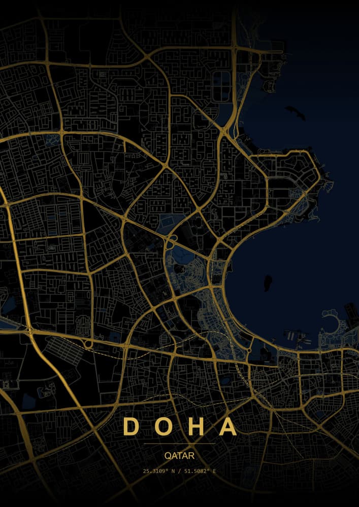 Golden Doha Night Map by HUGO — canvas wall art