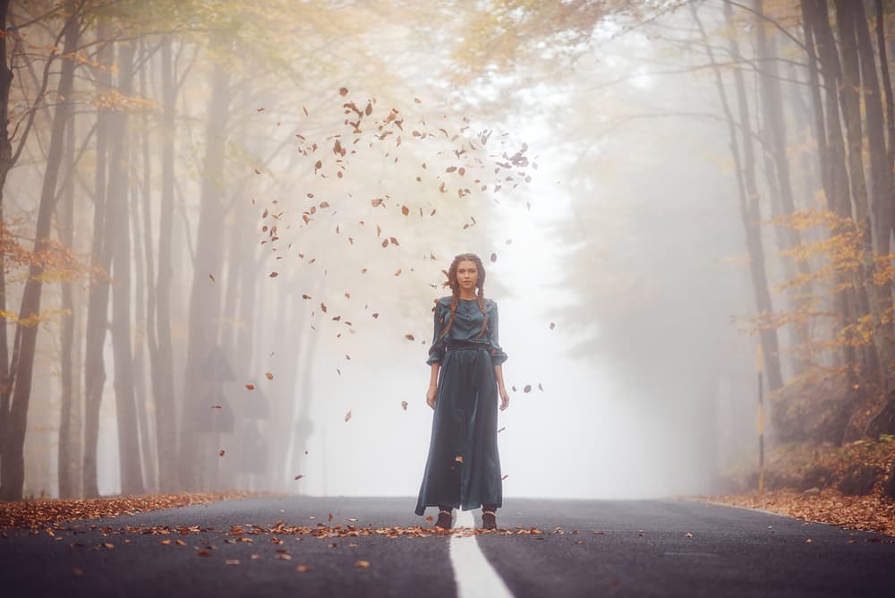 Woman On Foggy Autumn Road by Rostovskiy Anton — canvas wall art