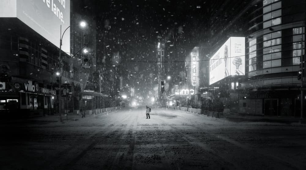 Lonely Snowy City Night by Javier de la Torre — canvas wall art